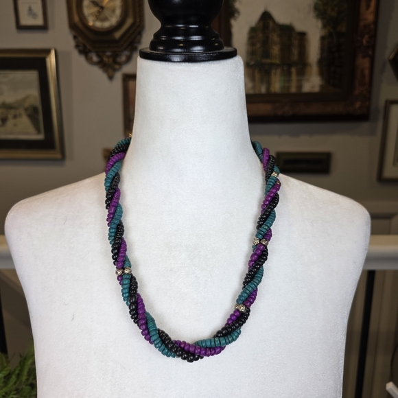 Vintage Jewelry - Vintage Chunky Twisted Beaded Necklace Teal Purple Black Multi-Strand Statement